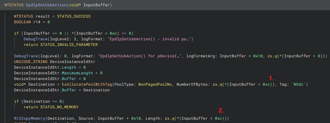 Disassembly of EpdlpSetUsbAction function